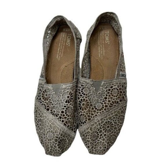 TOMS Women's Open Lace Crochet Cream/Tan Slip On Espadrilles Shoes Flats sz 7.5 - Picture 2 of 10